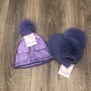 NWT Girls Beanie Pom Pom  Hat & Faux Fur Mittens